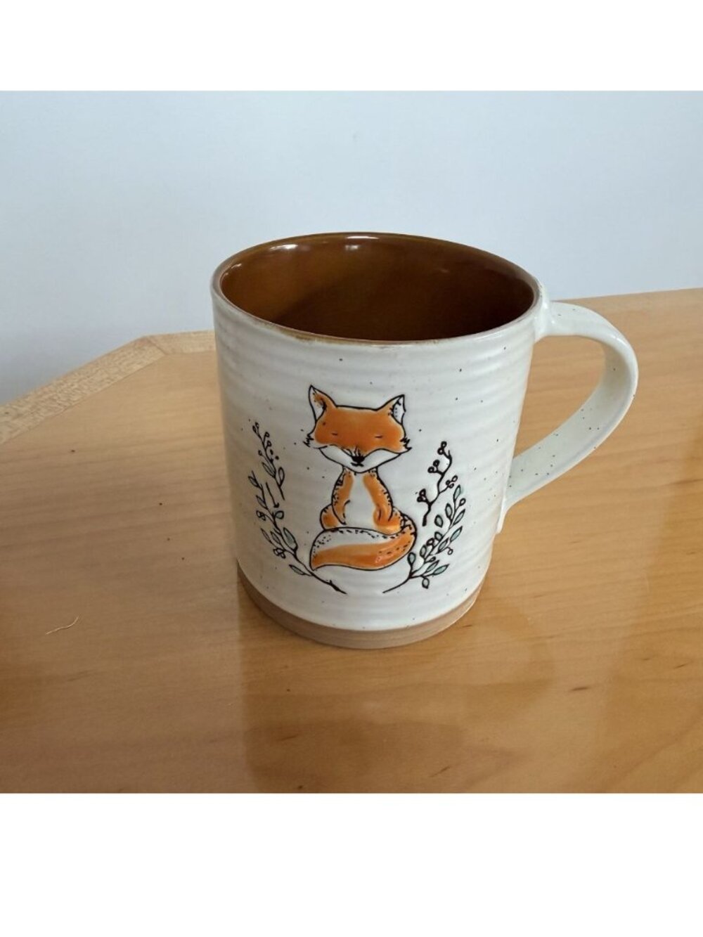 Ceramic Mug Beige Glossy Round Fox Animal Design Gift